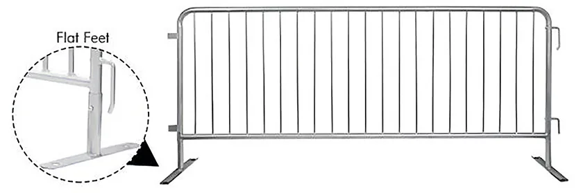 Crowd control barrier with flat feet, inset detail showing the removable flat foot plate