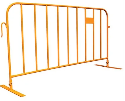 Powder coated yellow crowd control barrier panel on flat feet