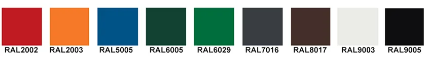 RAL colour options for powder coated crowd control barriers, from RAL 2002 to RAL 9005