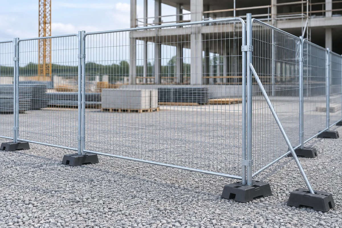 Round-tube welded mesh temporary fence panels joined by clamps and seated in separate weighted feet
