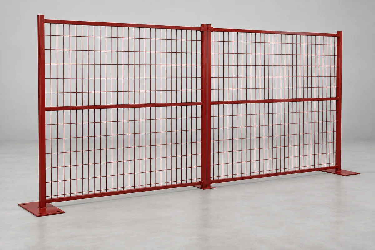 Powder-coated Canada-style welded mesh temporary fence panels with square frames and flat bases