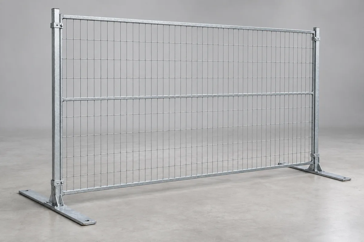Silver Canada-style temporary welded mesh panel with square frame and flat metal feet