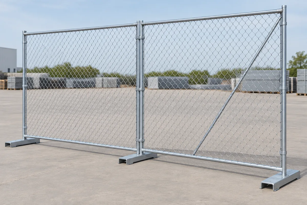 Portable tubular temporary fence frames filled with diamond-pattern chain-link mesh